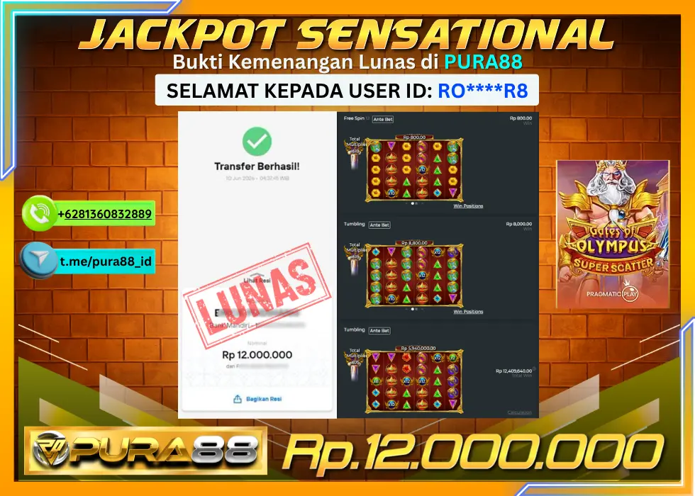 PURA88 JACKPOT GATES OF OLYMPUS SUPER SCATTER Rp 12.000.000,- LUNAS